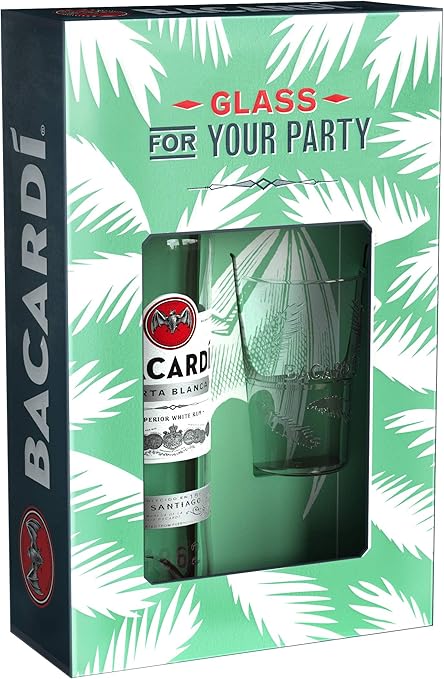 Bacardi Carta Blanca Superior White Rum, 37.5% ABV, 70cl / 700ml, with Mojito Glass Gift Set